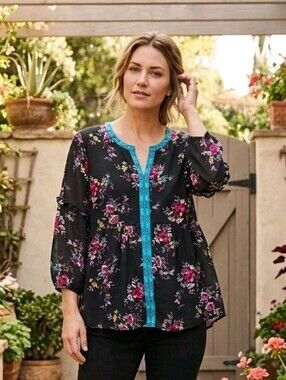 Pioneer Womens Size XL Peasant Black Floral Top Blouse Ruffle 3/4 Sleeve